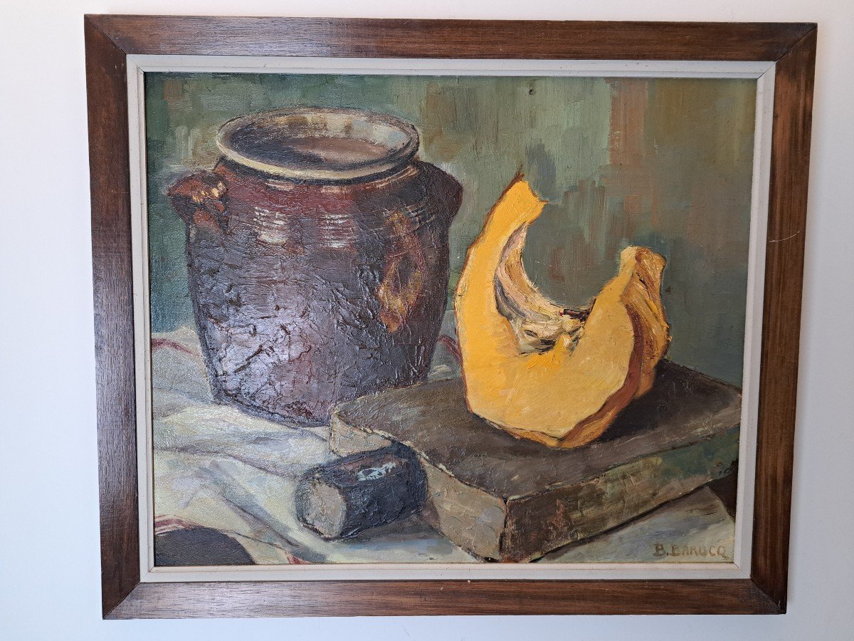 B.barucq, Still Life With Pumpkin, Oil On Panel, 20th Century.-photo-2