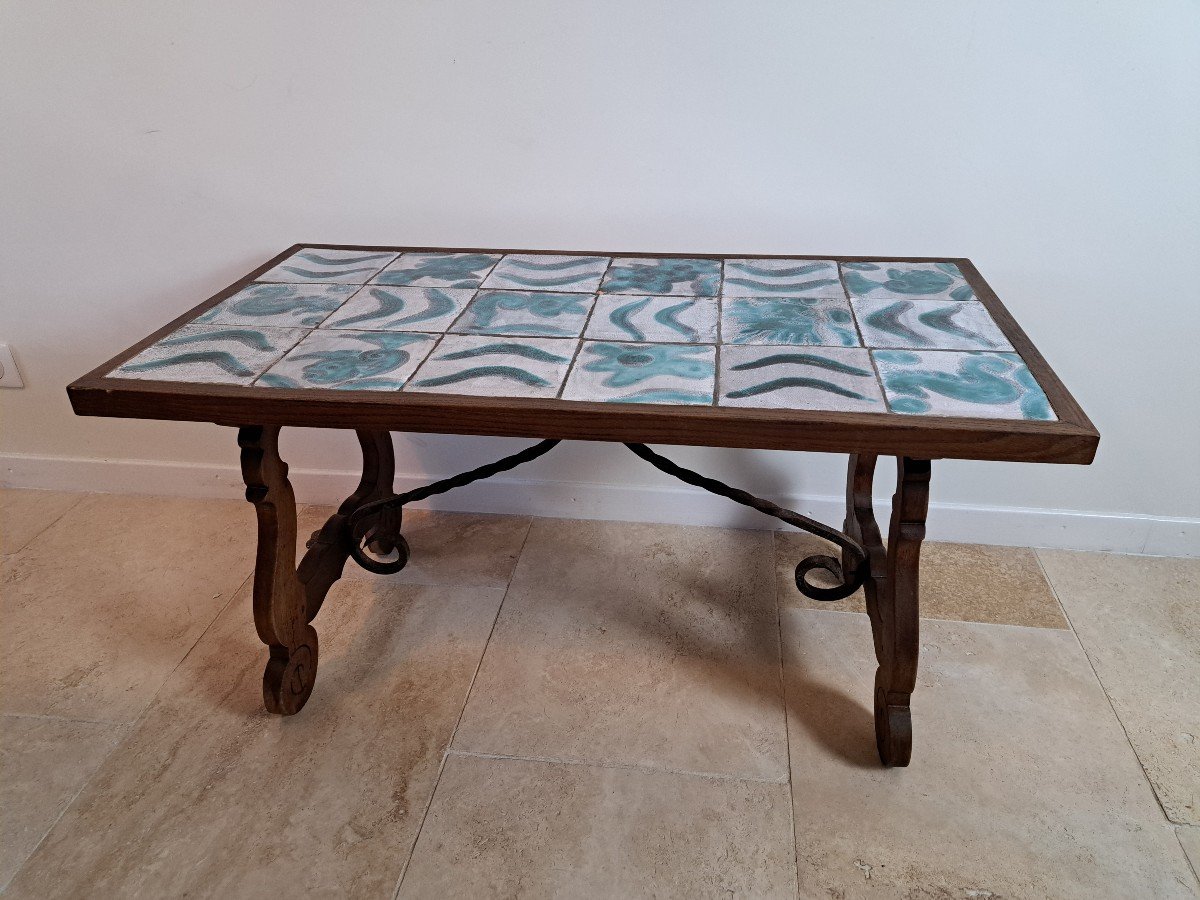 Atelier Cazaux, Armand Cazaux, Coffee Table, Earthenware, Wood And Ironwork, 20th Century.