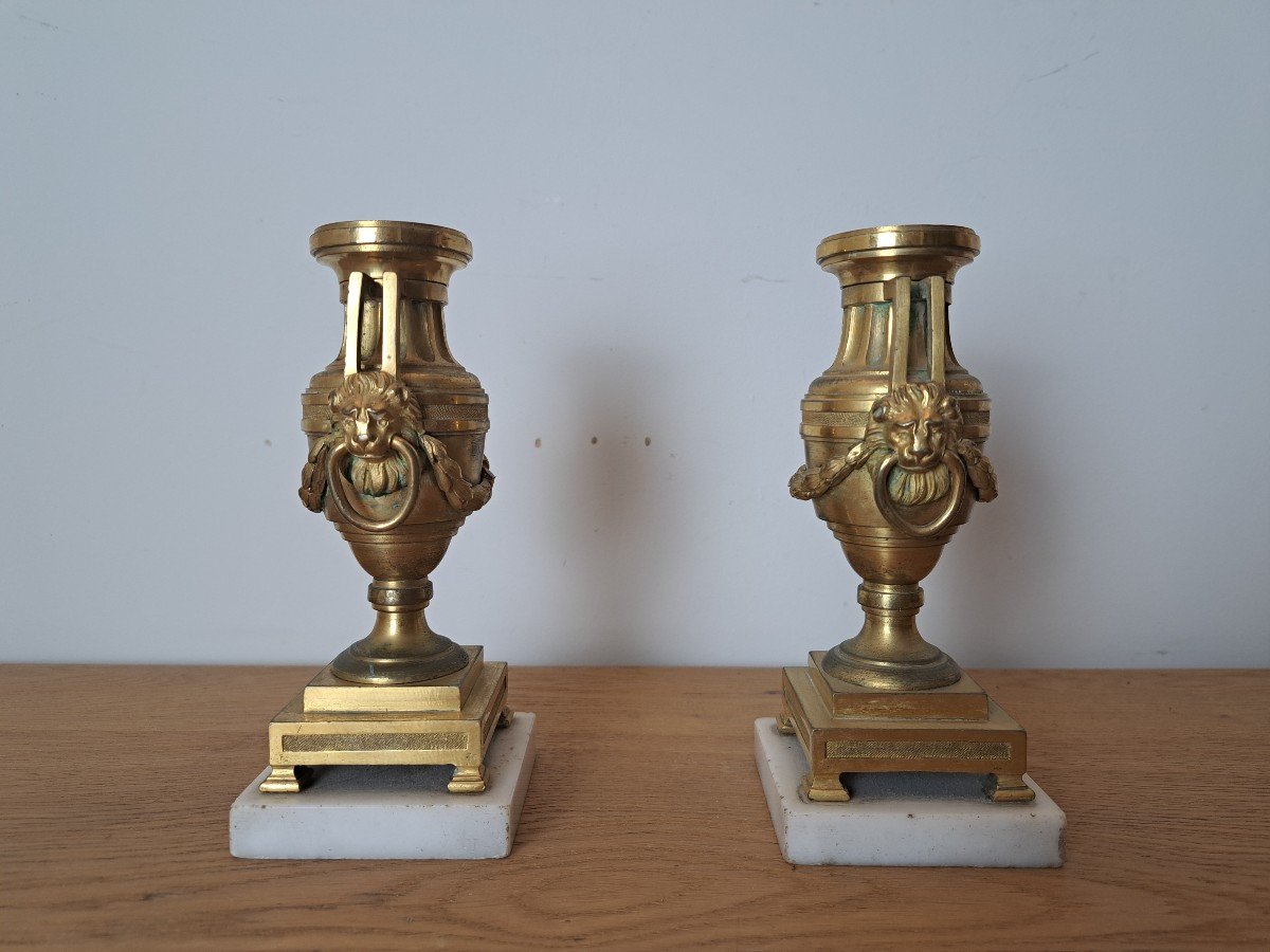 Pair Of Cassolette Candlesticks, Lion Mufles, Gilt Bronze, Louis XVI Period, XVIII°.-photo-1