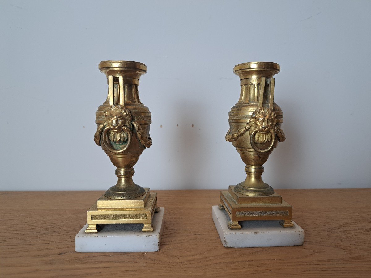 Pair Of Cassolette Candlesticks, Lion Mufles, Gilt Bronze, Louis XVI Period, XVIII°.-photo-3