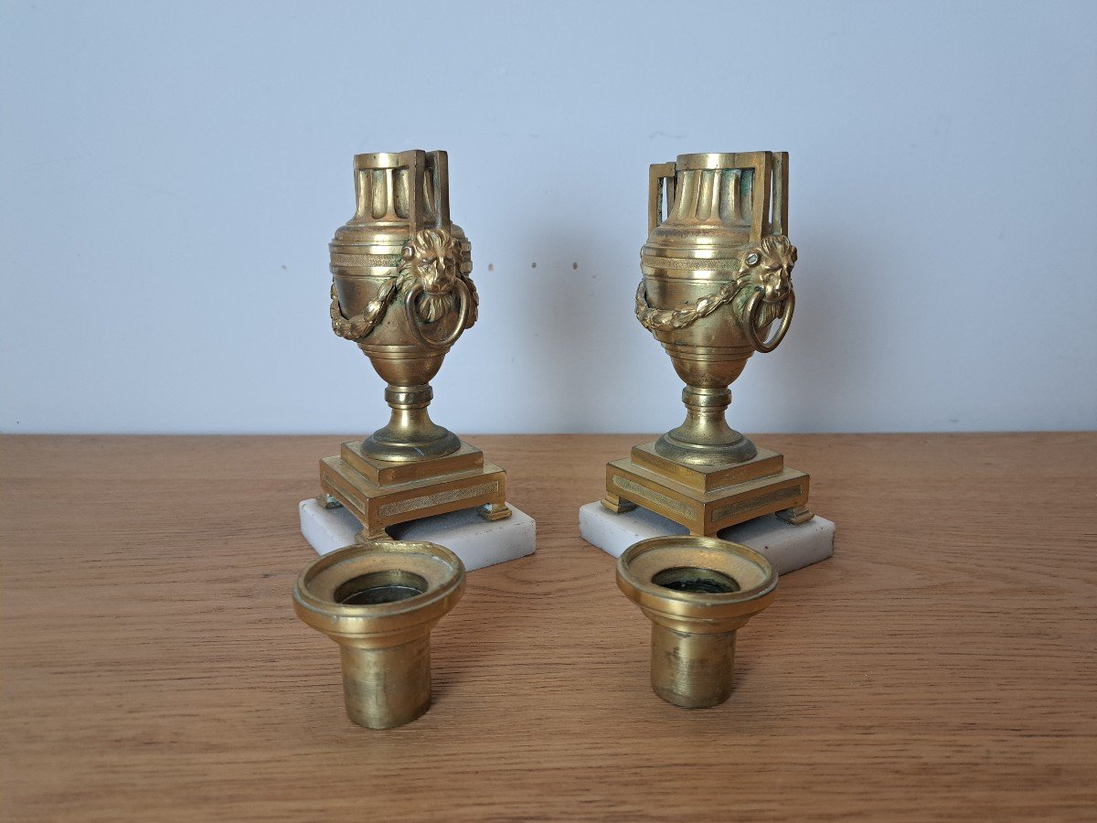 Pair Of Cassolette Candlesticks, Lion Mufles, Gilt Bronze, Louis XVI Period, XVIII°.-photo-6