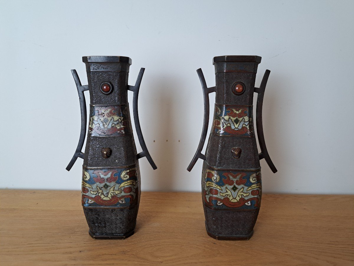 Japan, Pair Of Vases, Bronze And Cloisonné Enamels, Taotie, Early 20th Century.  -photo-2