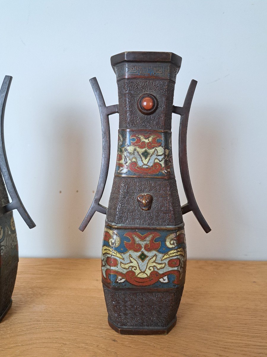 Japan, Pair Of Vases, Bronze And Cloisonné Enamels, Taotie, Early 20th Century.  -photo-3