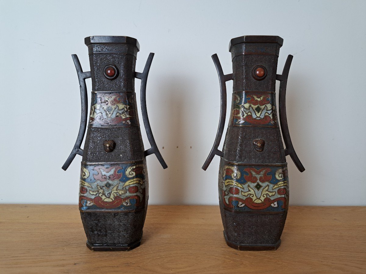 Japan, Pair Of Vases, Bronze And Cloisonné Enamels, Taotie, Early 20th Century.  