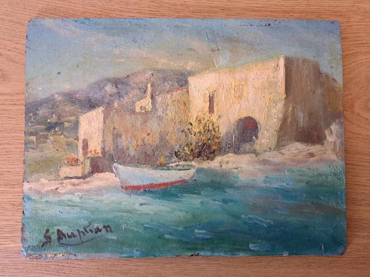 Georges Auphan , Maisons En Bord De Mer , Méditerranée , Huile Sur Panneau , XX°. -photo-2