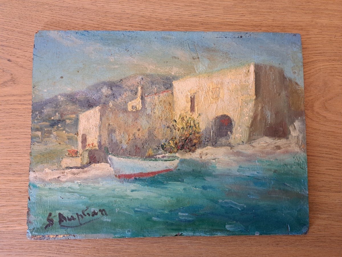 Georges Auphan , Maisons En Bord De Mer , Méditerranée , Huile Sur Panneau , XX°. 