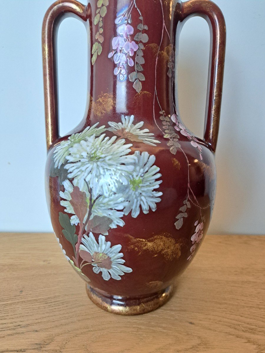 Clément Massier (att à), Vase Aux Chrysanthèmes Tokyo Et Glycines , Faïence , Art Nouveau . -photo-2