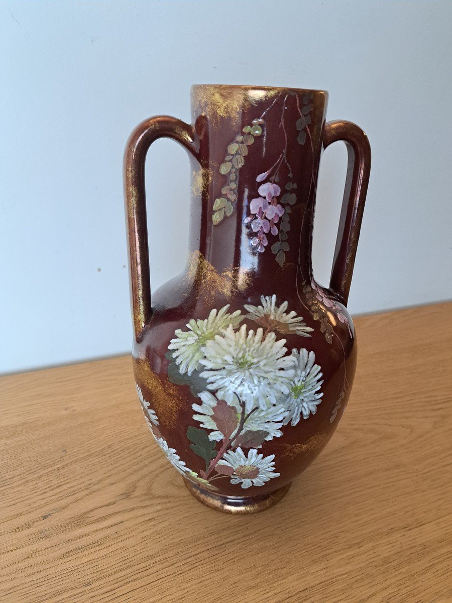 Clément Massier (at), Vase With Tokyo Chrysanthemums And Wisteria, Earthenware, Art Nouveau. -photo-6