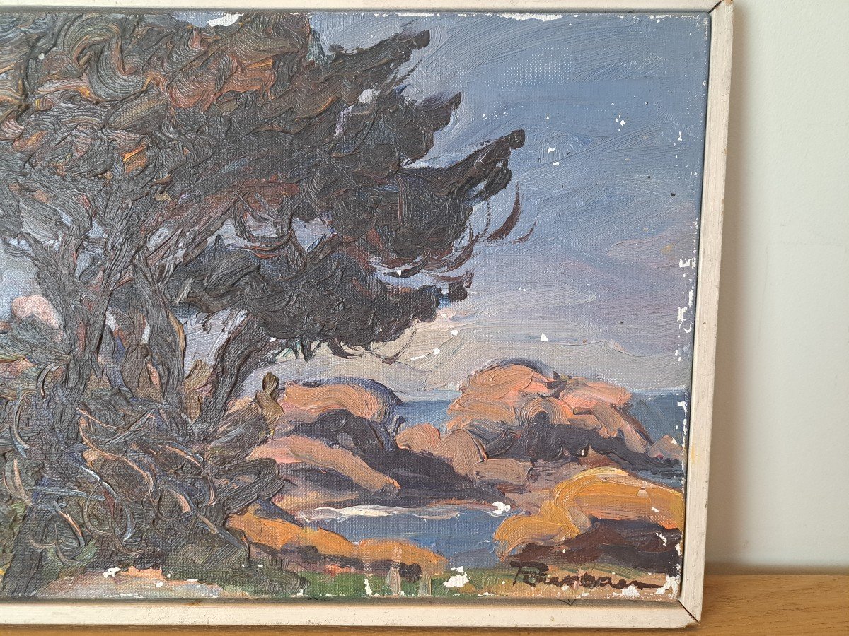 Pierre Poureau, Seaside In Provence, Oil On Canvas, 20th Century. -photo-4
