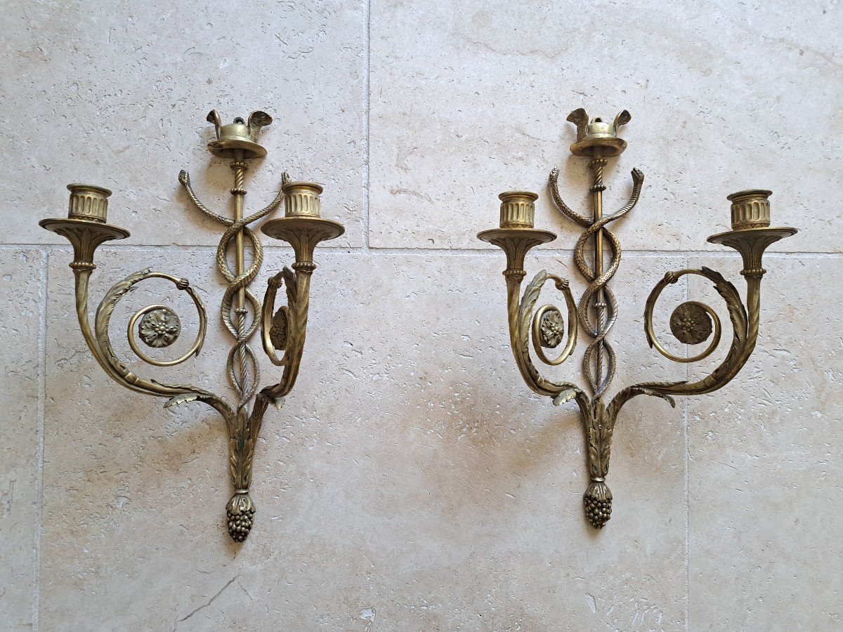 Pair Of Sconces With Attributes Of Mercury/hermès, Bronze, Directoire, Late 18th Century.