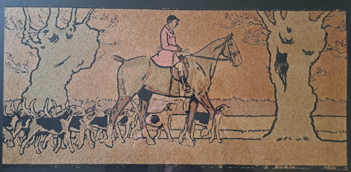 Huntsman And His Pack, Lithograph/stencil, Signed, 20th Century. -photo-4