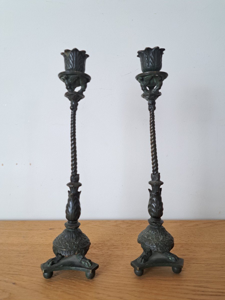 Pair Of Candlesticks, Renaissance Style, Patinated Bronze, 19th Century. -photo-2