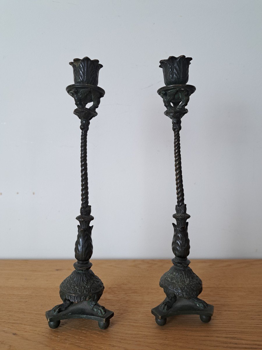 Pair Of Candlesticks, Renaissance Style, Patinated Bronze, 19th Century. 