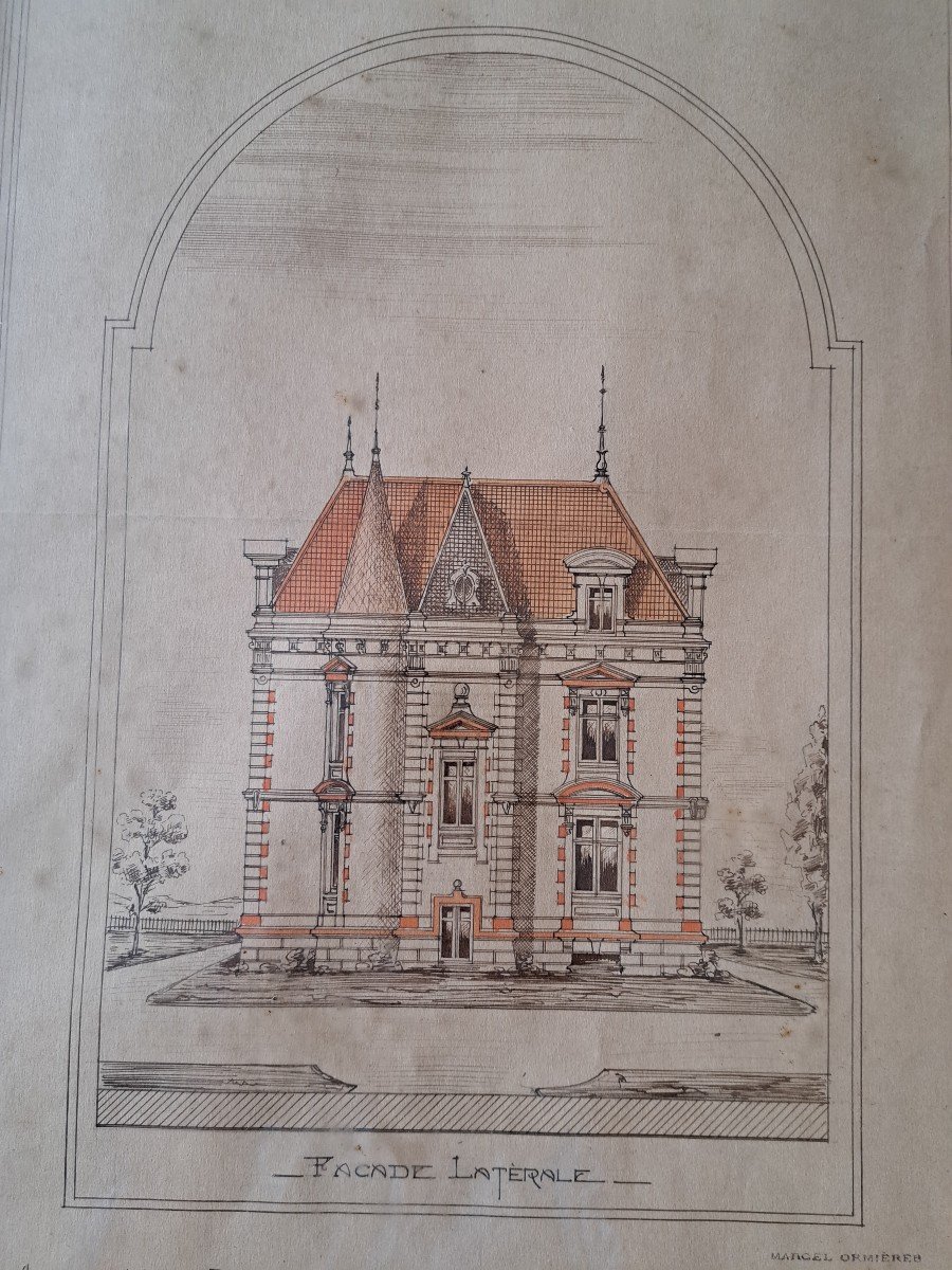 Marcel Ormières, Side Facade Of A Villa, Watercolor Drawing, Arcachon, Late 19th Century. -photo-3