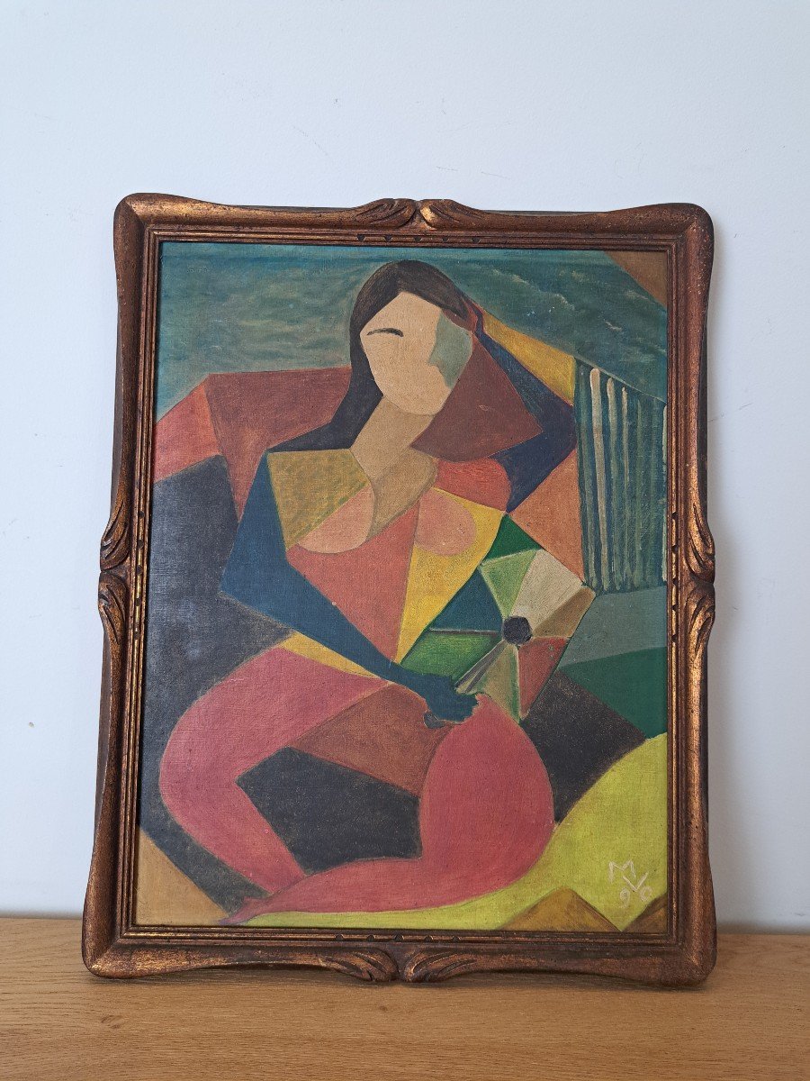 Femme à l'éventail , Huile Sur Panneau , Daté 90. 