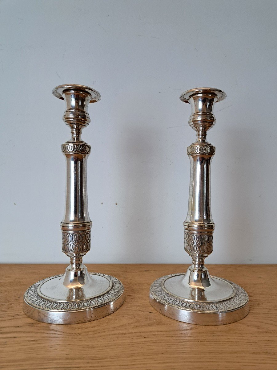 Pair Of Candlesticks, Silver Bronze, Empire Style, 19th Century.