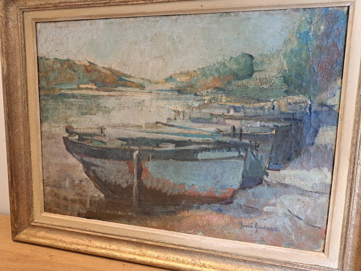 René Godard , Sardiniers à Quai , Huile Sur Toile , XX°. -photo-3