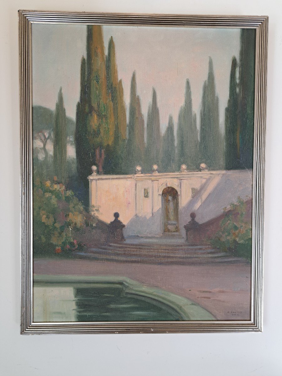André Advier , Les Terrasses Et Les Cyprès De La Villa d'Este , Huile Sur Toile , 1937. -photo-3
