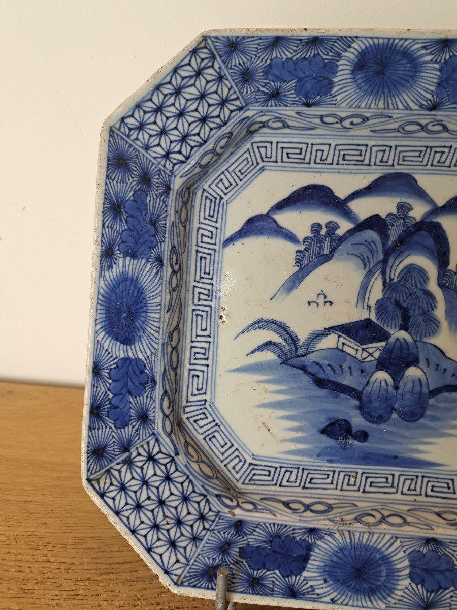 Japon , Plat Octogonal , Porcelaine , Blanc Bleu , XIX°. -photo-4