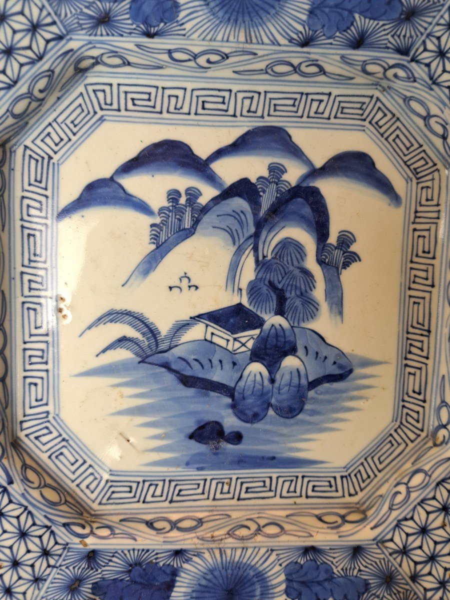 Japon , Plat Octogonal , Porcelaine , Blanc Bleu , XIX°. -photo-1