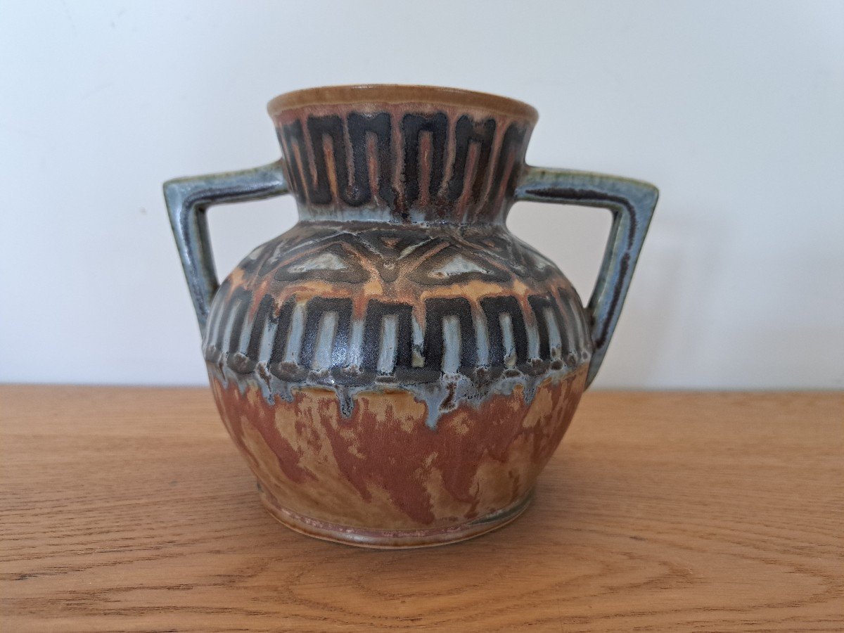 Quimper Odetta, Art Deco Vase, Enamelled Stoneware, 20th Century. -photo-2