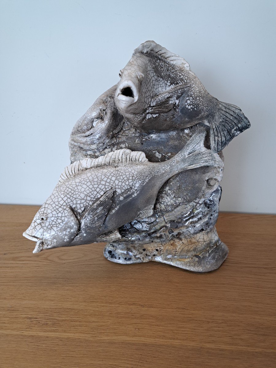 Christian Martinon, The Fishes, Raku Sculpture, 20th Century.-photo-2