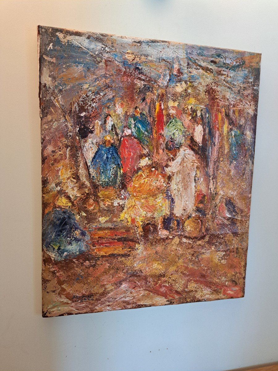 Rachid Beniounes , Scène De Marché Au Maroc . Huile Sur Toile , XX°. -photo-4