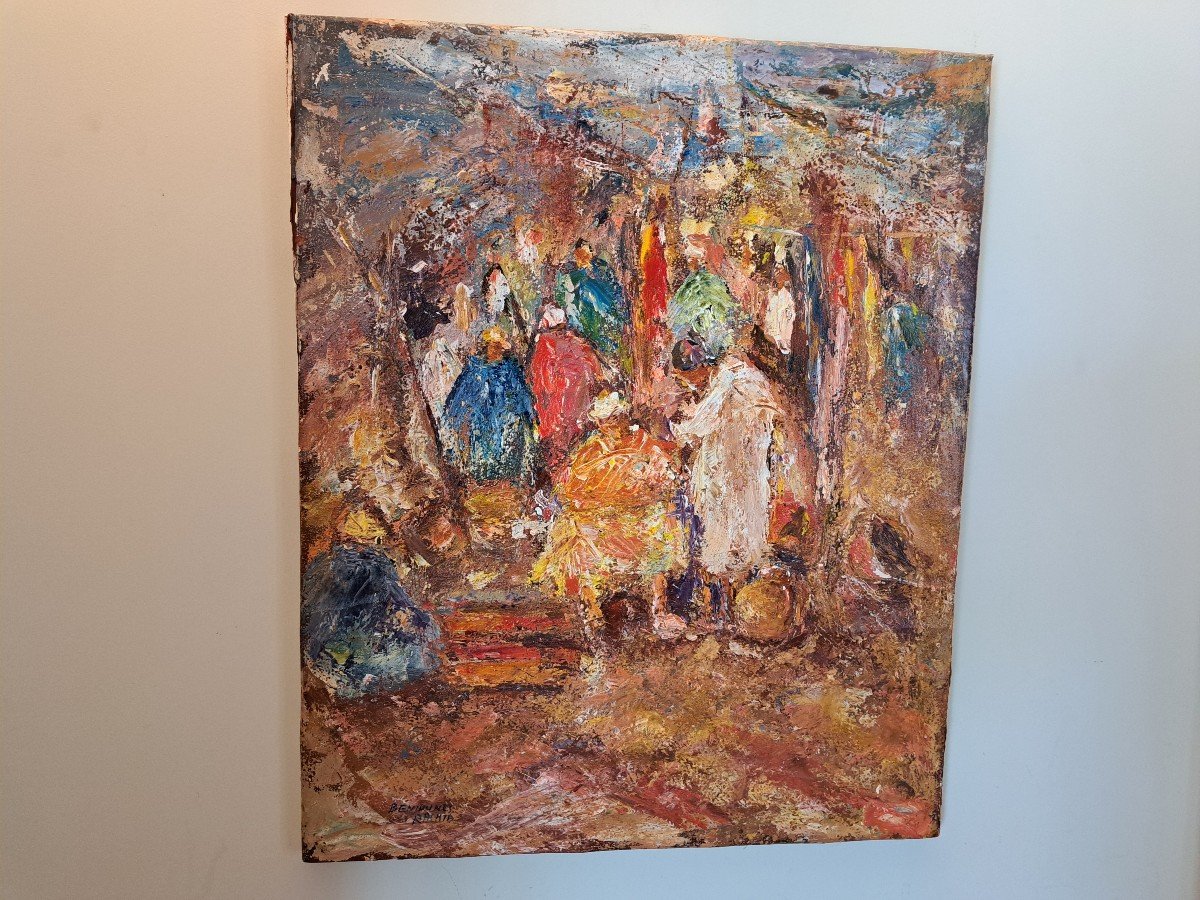 Rachid Beniounes , Scène De Marché Au Maroc . Huile Sur Toile , XX°. -photo-5