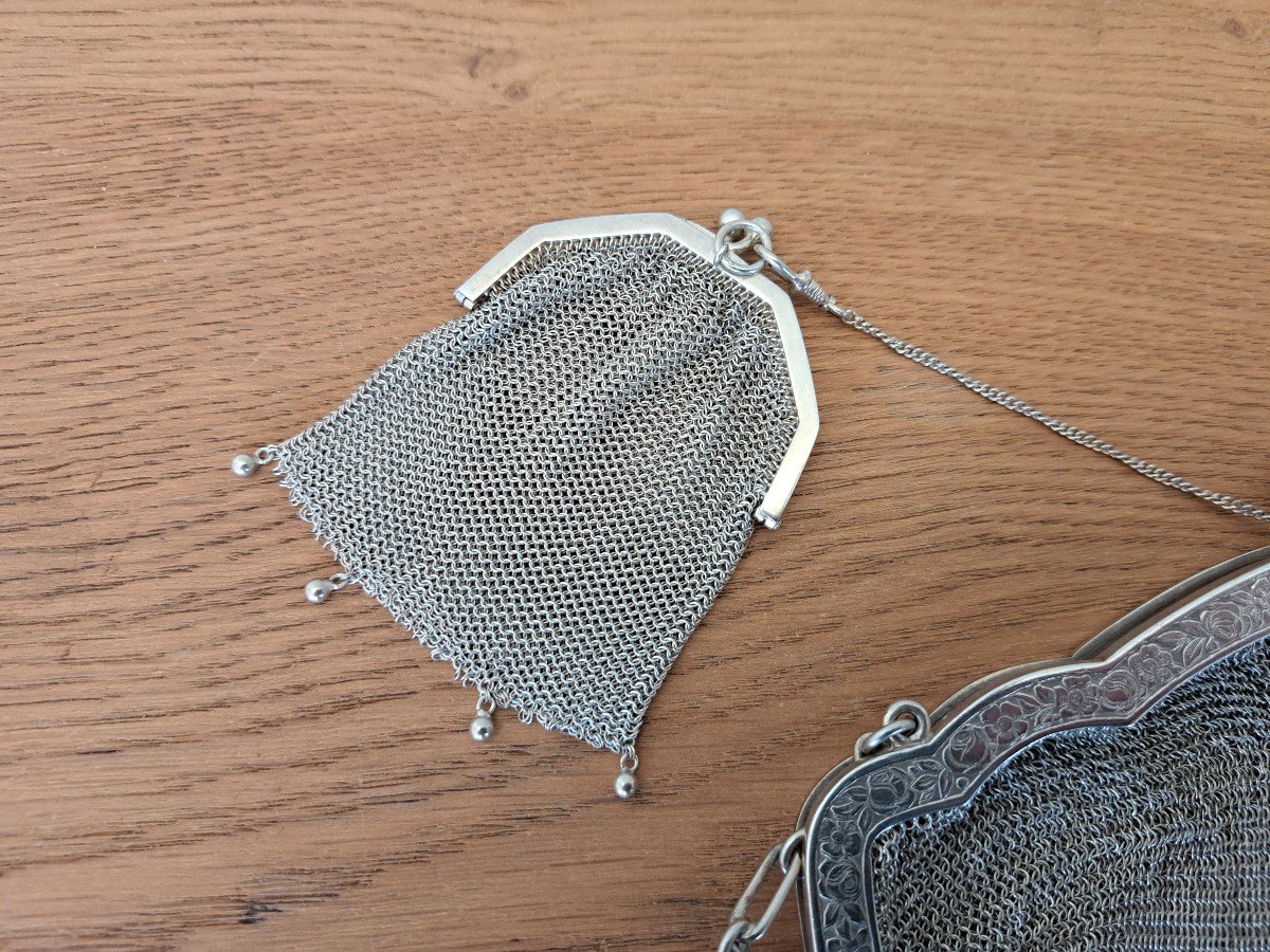 Germany, Mesh Bag And Its Coin Purse, Sterling Silver, Art Deco, Early 20th Century. -photo-3