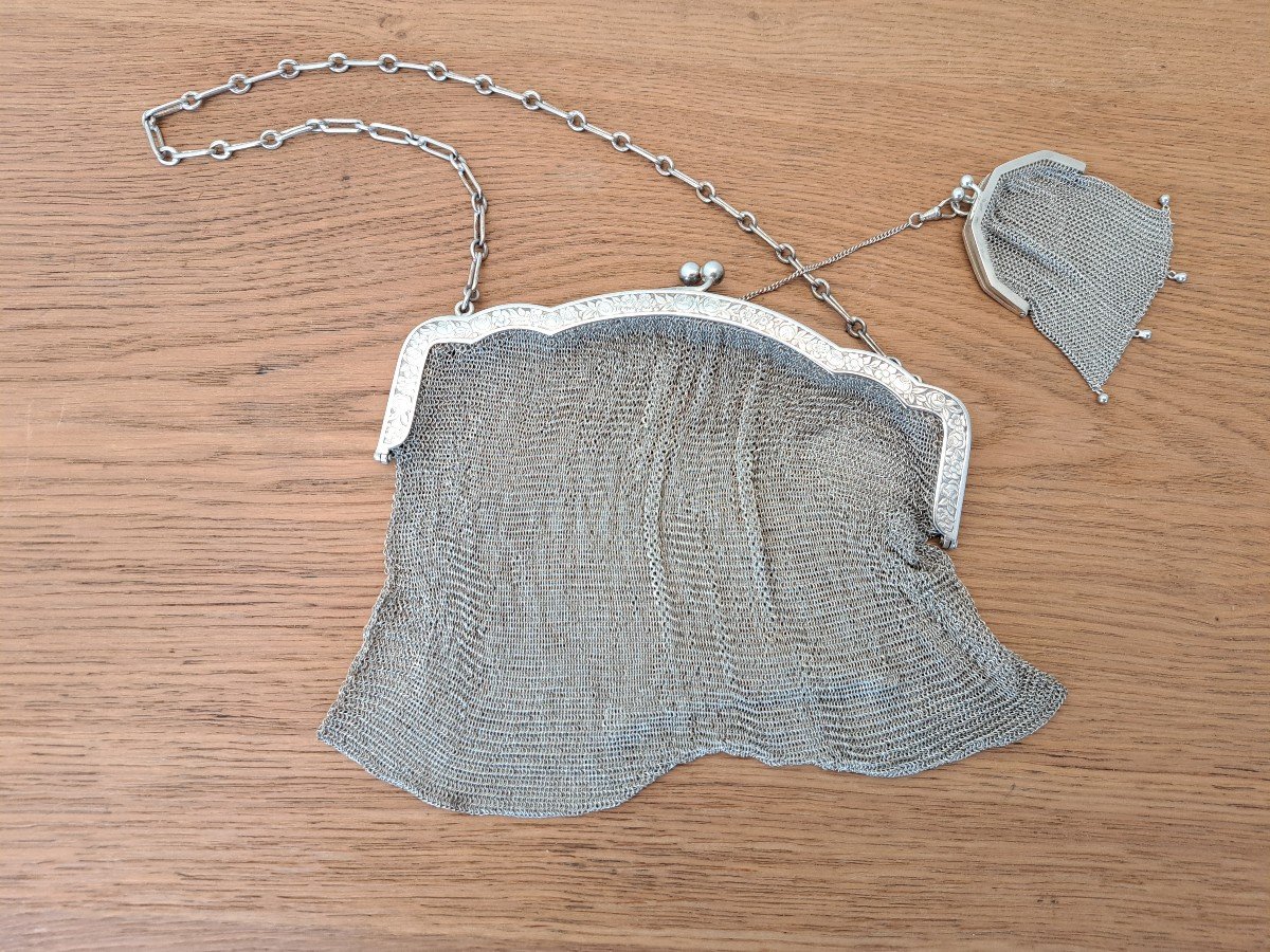 Germany, Mesh Bag And Its Coin Purse, Sterling Silver, Art Deco, Early 20th Century. -photo-4