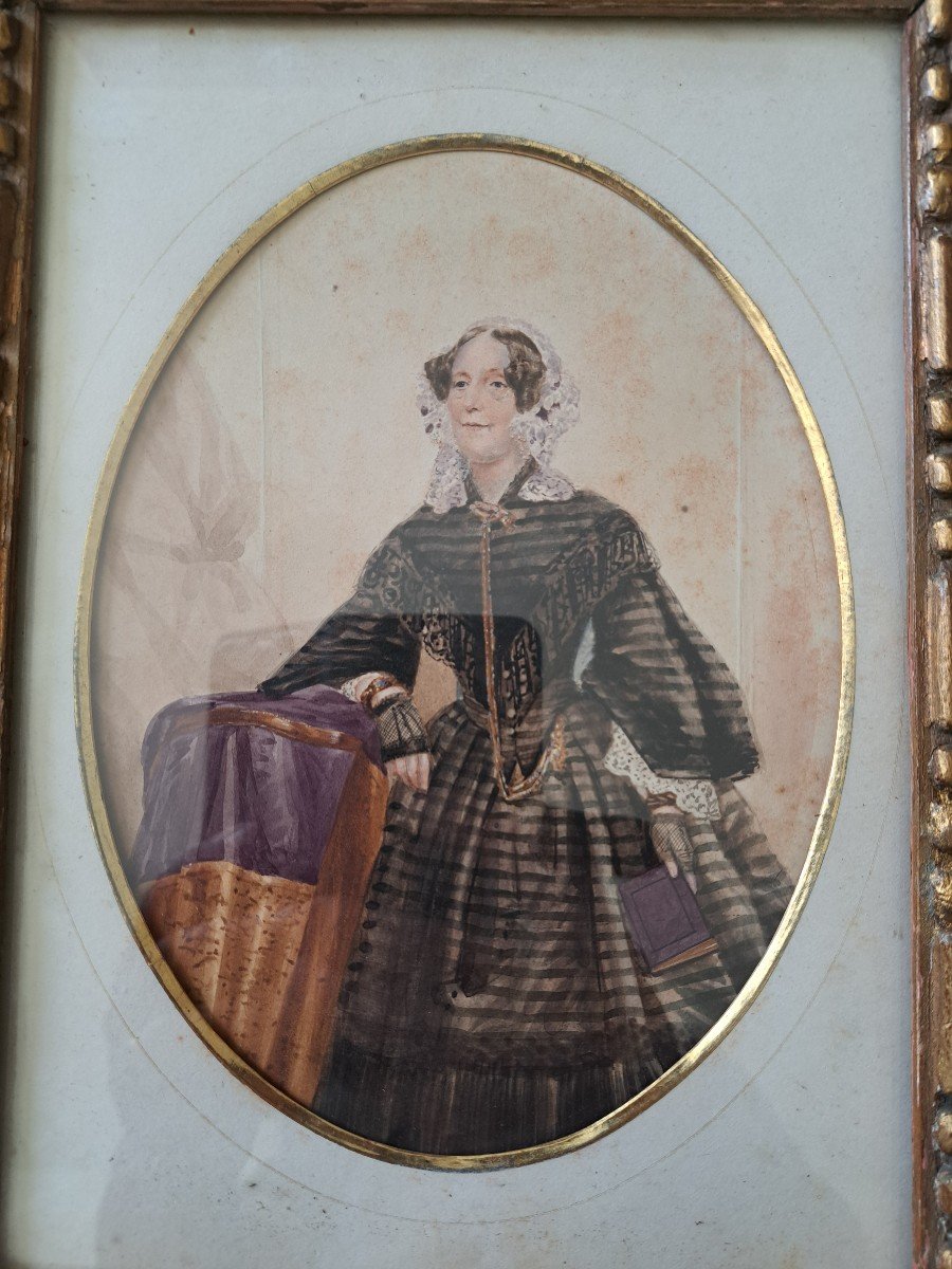 Lady Of Quality, Large Miniature, Watercolor, Mid-19th Century. -photo-2