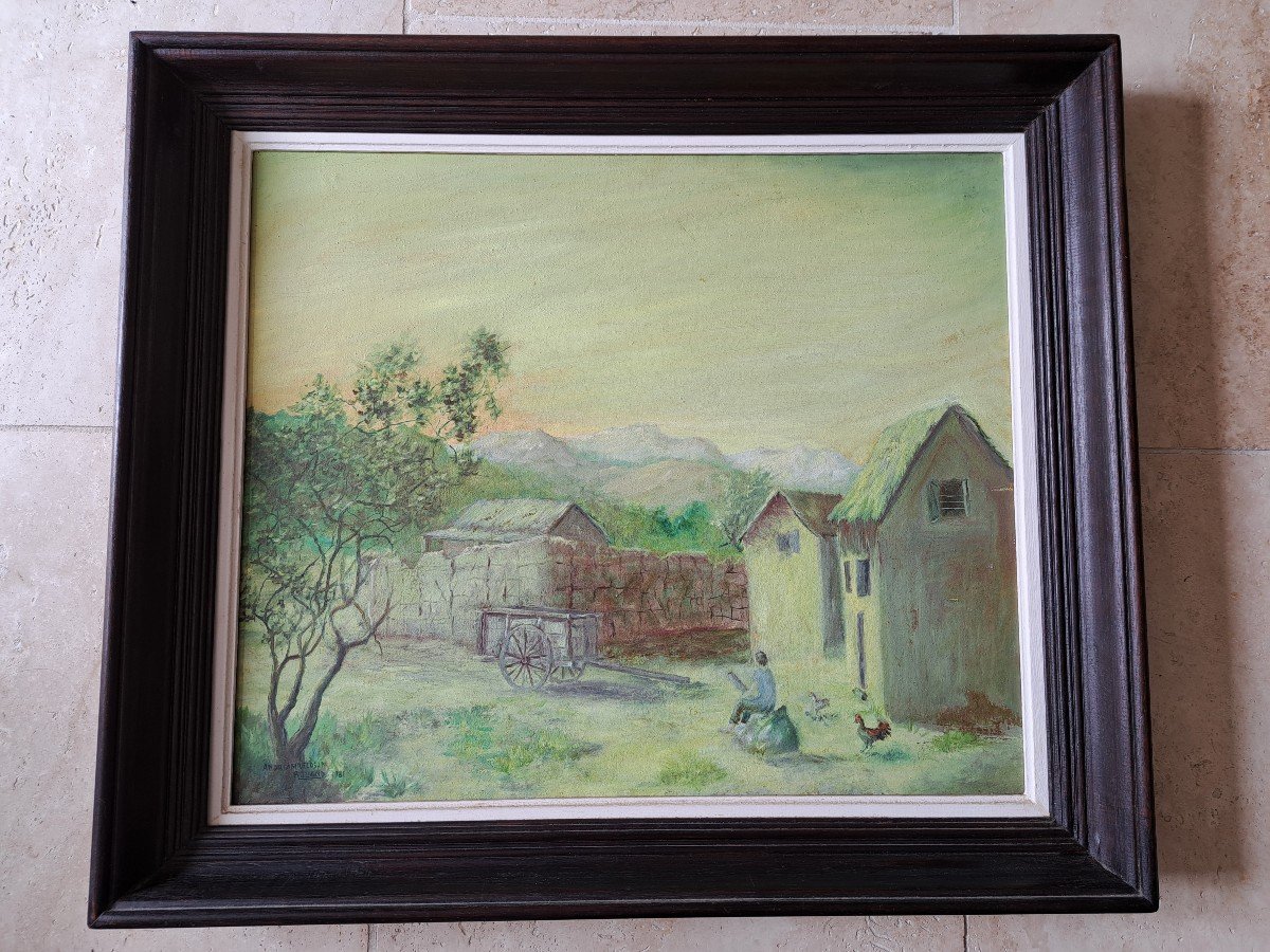 Andriambeloson Roland, View Of A Malagasy Farm, Oil On Canvas, 20th Century. -photo-3