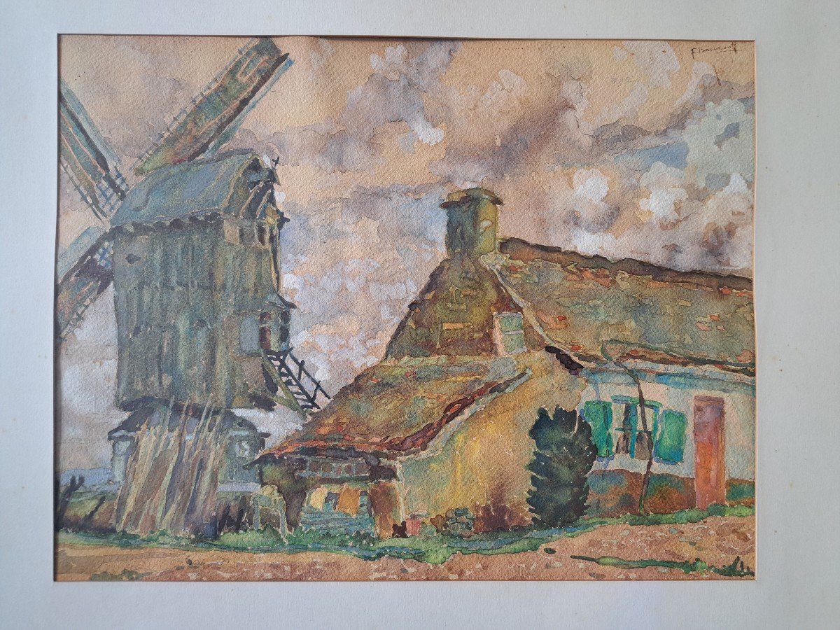 Farm And Mill, Watercolor, F.baumont. Late 19th Century. -photo-3