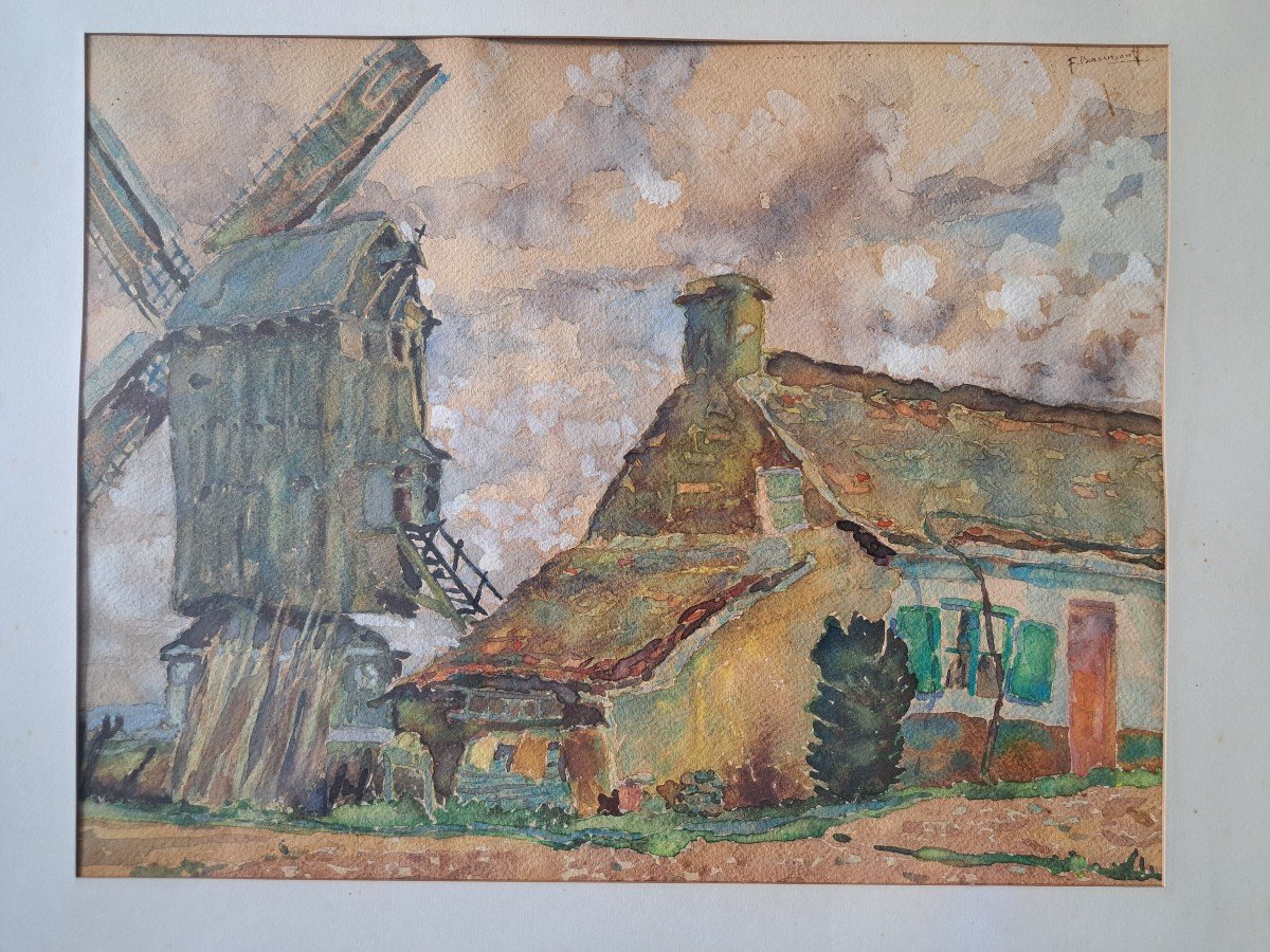 Farm And Mill, Watercolor, F.baumont. Late 19th Century. -photo-4