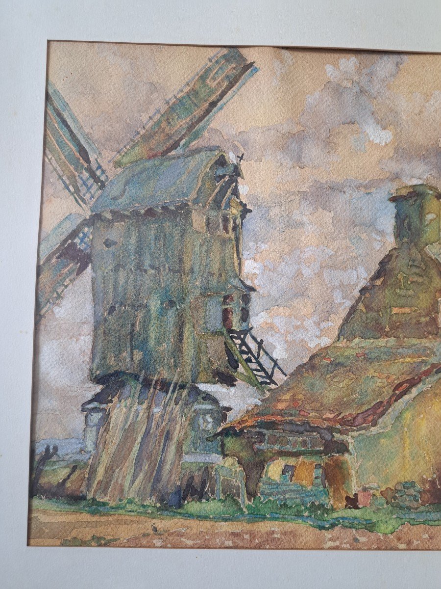 Farm And Mill, Watercolor, F.baumont. Late 19th Century. -photo-3