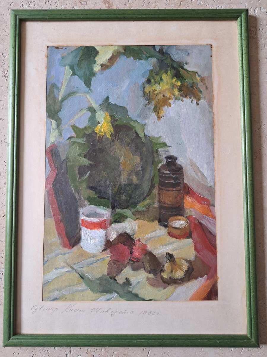 Russian School, Still Life, Oil On Paper, 20th Century. -photo-2