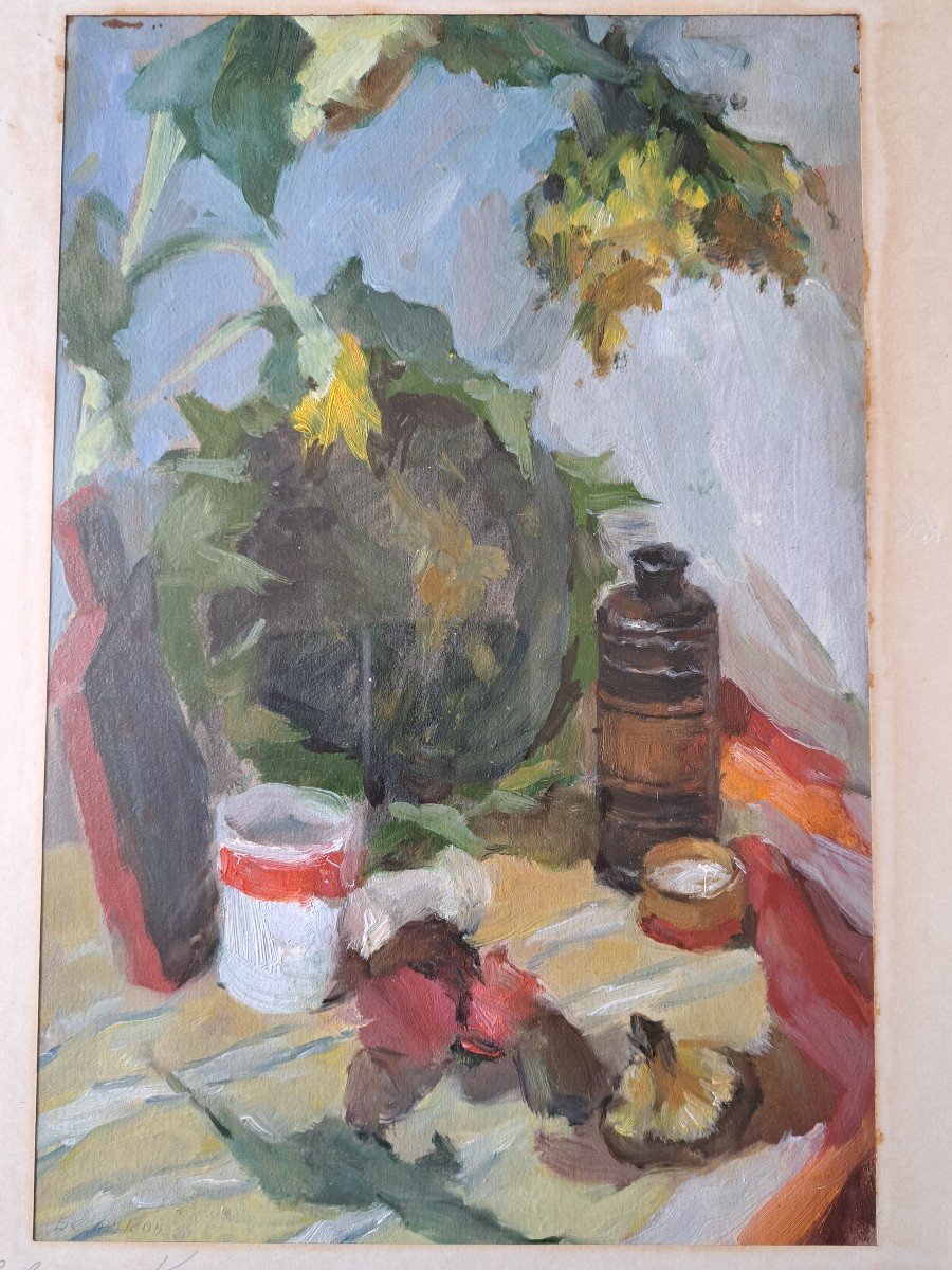 Russian School, Still Life, Oil On Paper, 20th Century. -photo-3