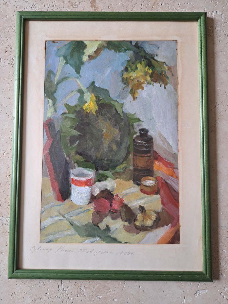 Russian School, Still Life, Oil On Paper, 20th Century. -photo-2