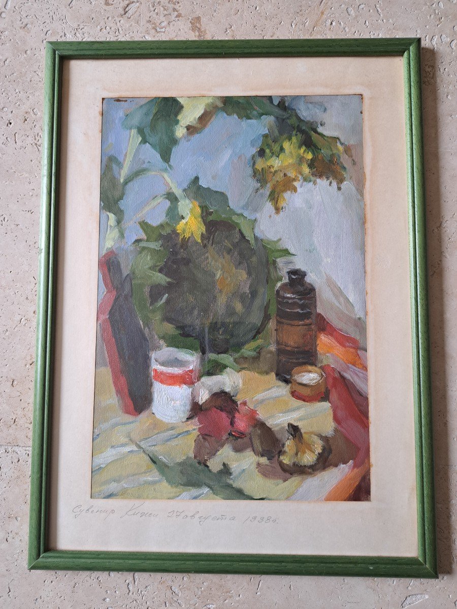 Russian School, Still Life, Oil On Paper, 20th Century. 