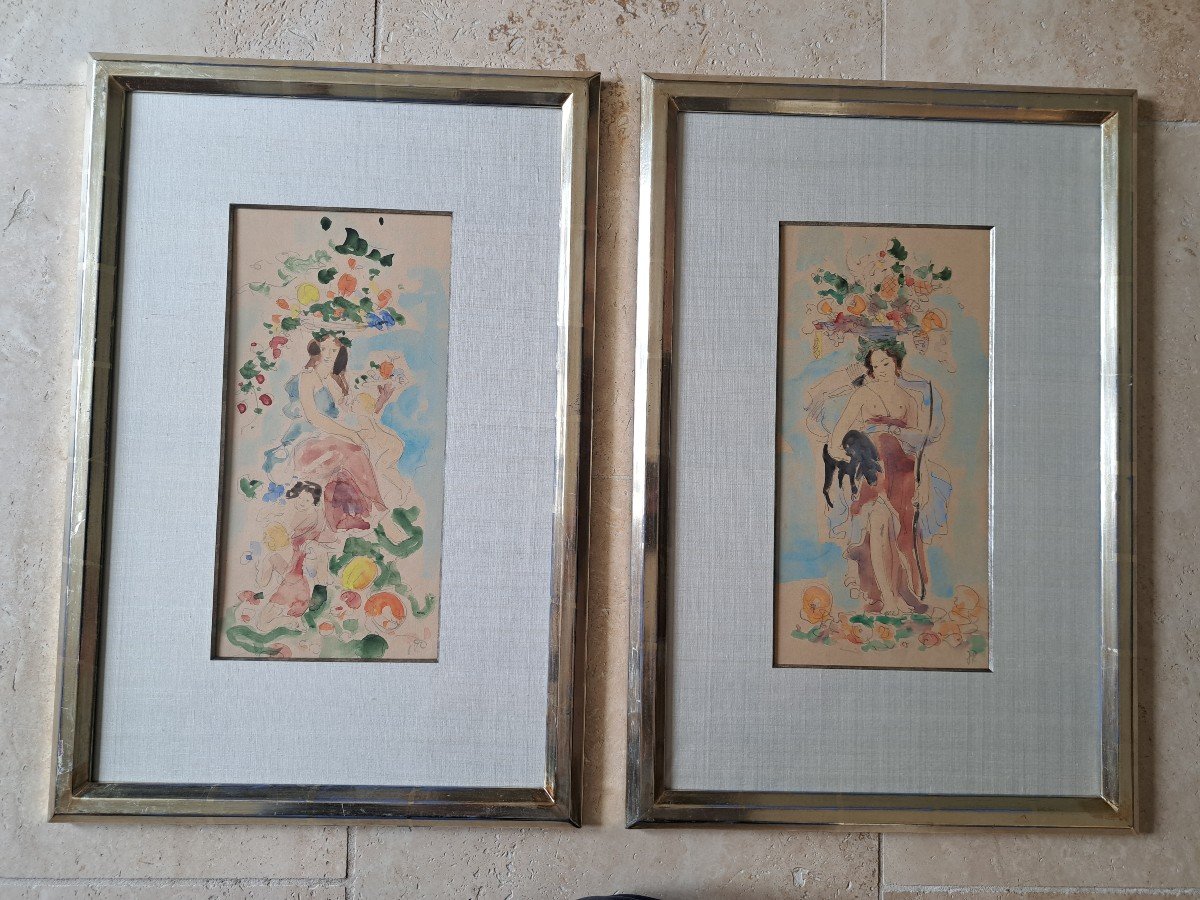 Allegories, Pair Of Watercolors, Monogram Jr, 20th Century. -photo-2