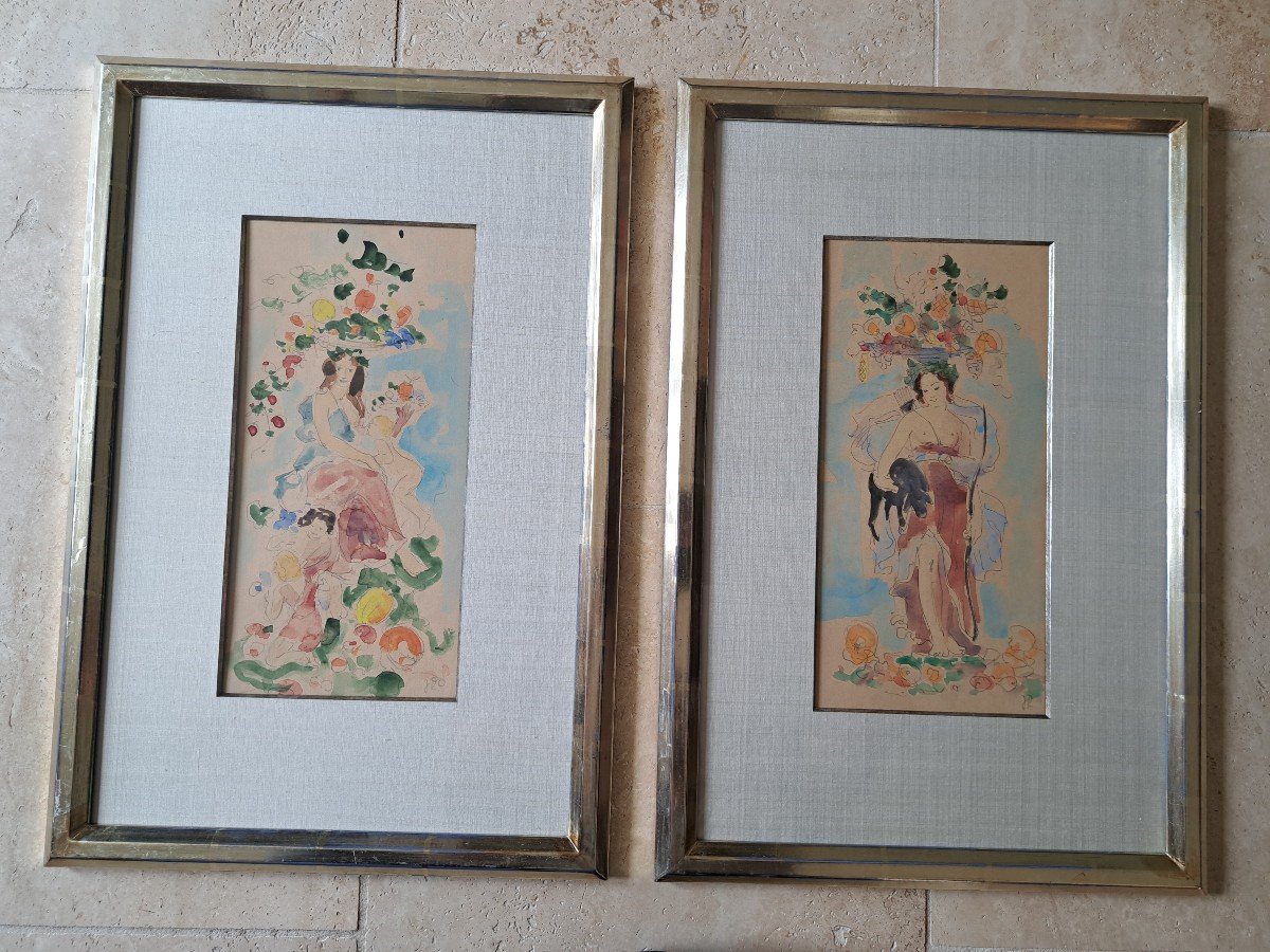 Allegories, Pair Of Watercolors, Monogram Jr, 20th Century. -photo-3