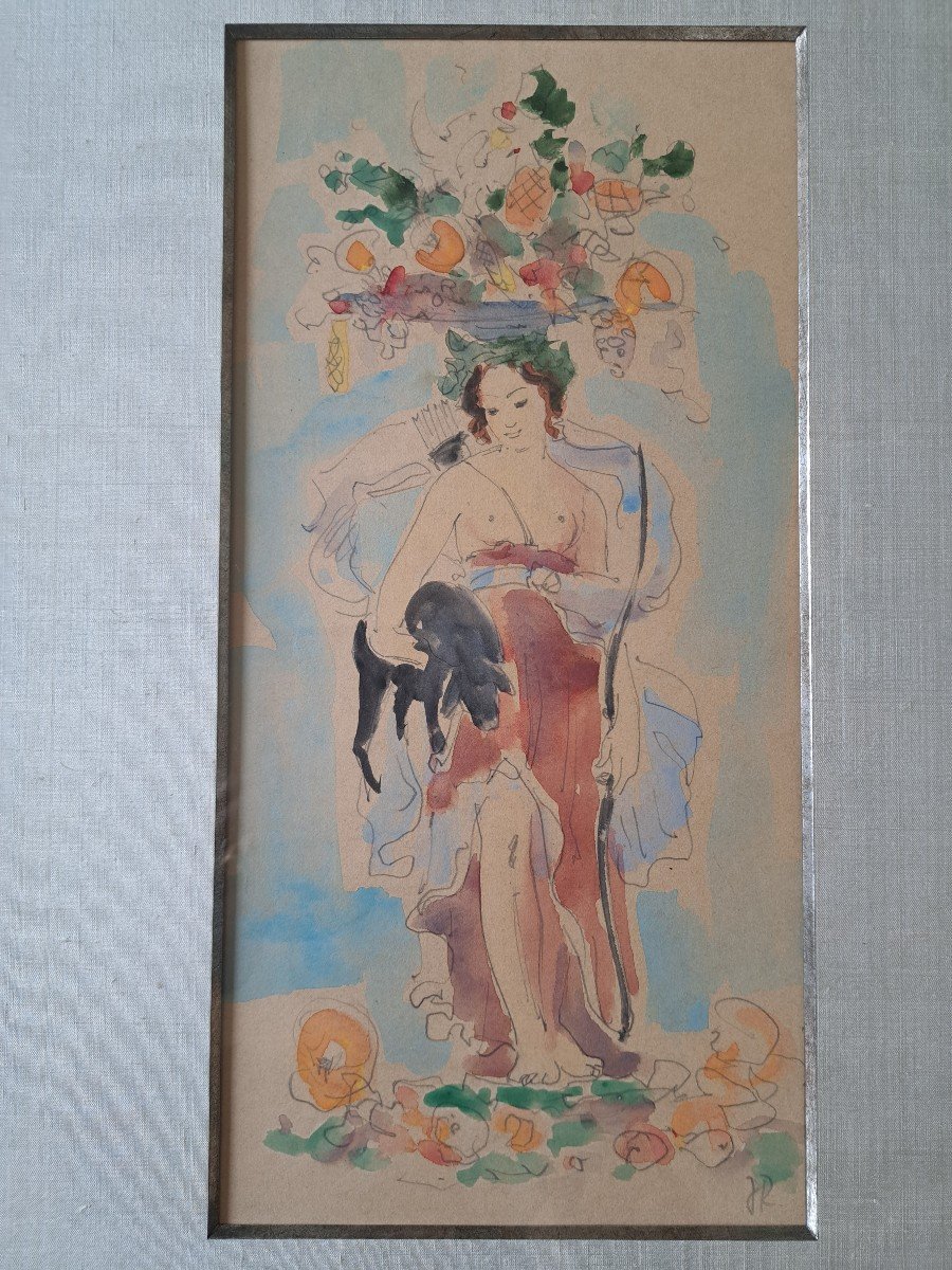 Allegories, Pair Of Watercolors, Monogram Jr, 20th Century. -photo-2