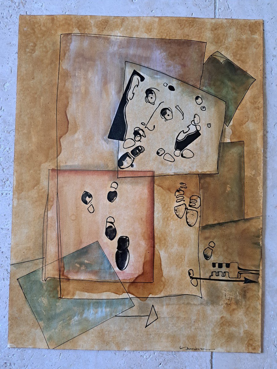 Dessin Surréaliste , Encre , Aquarelle , Année 70 . -photo-2