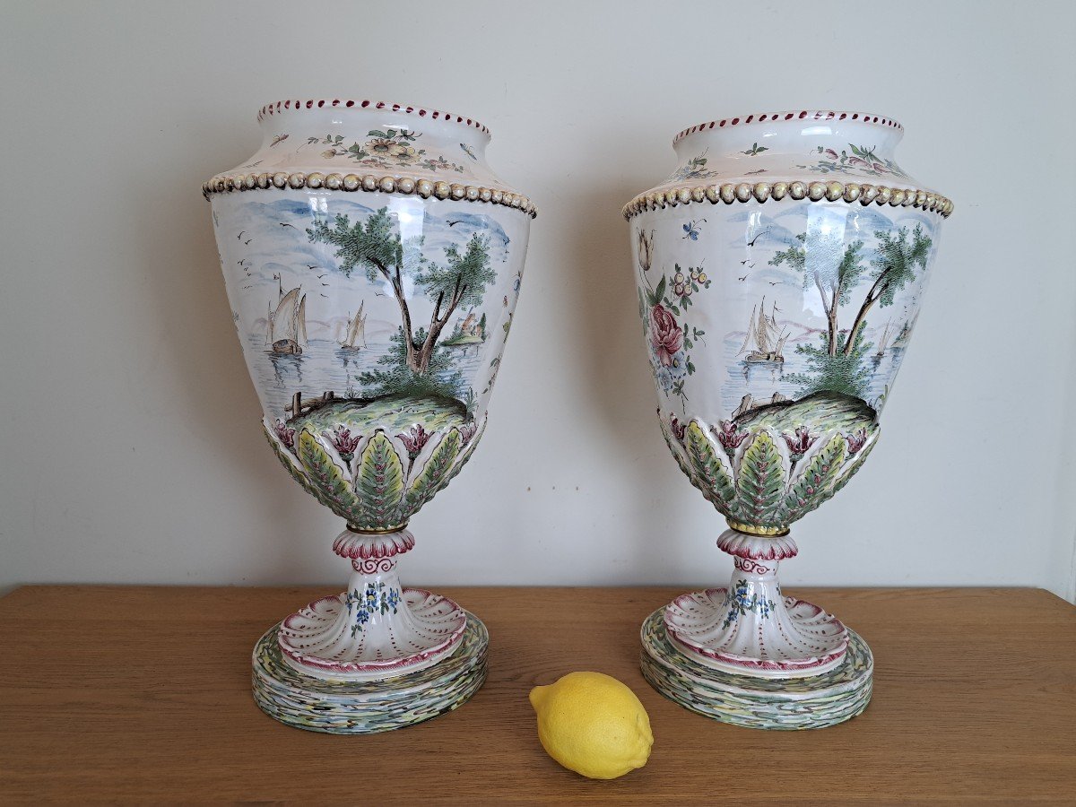 Pair Of Large Vases, Veuve Perrin, Marseille, Earthenware, 19th Century. 