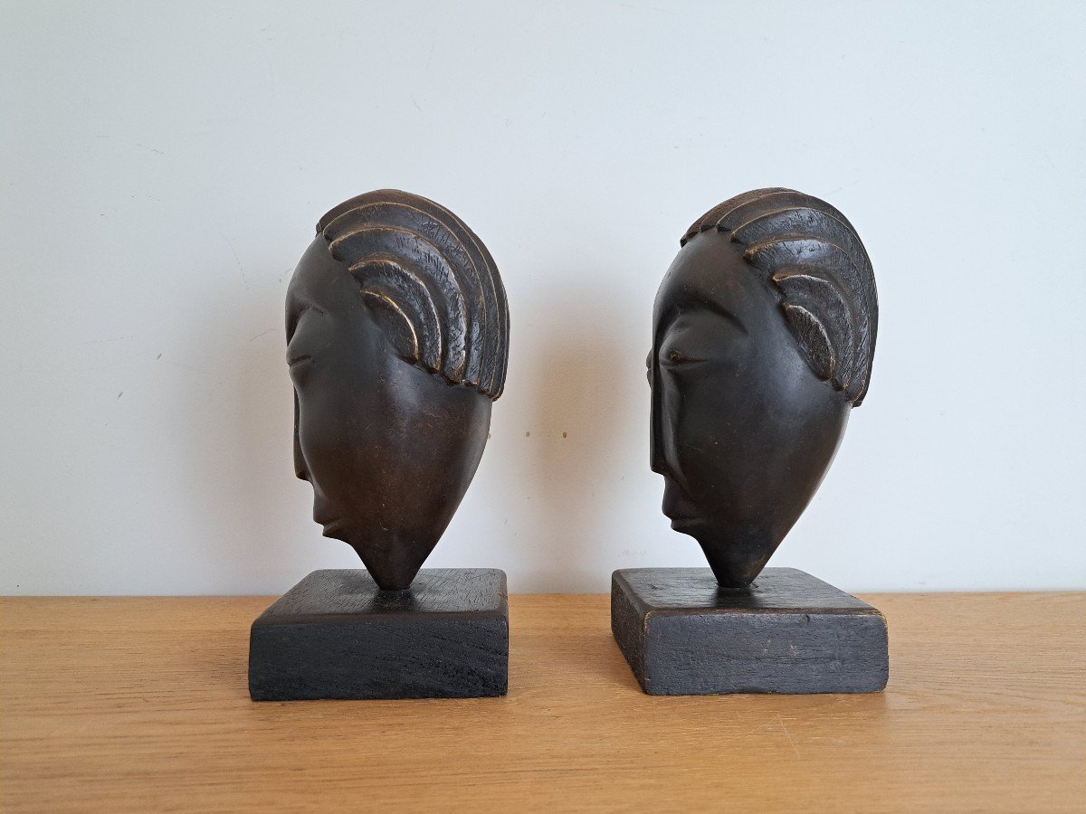 Pair Of Heads, Bronze, Bookends, Africanist, 20th Century. -photo-4