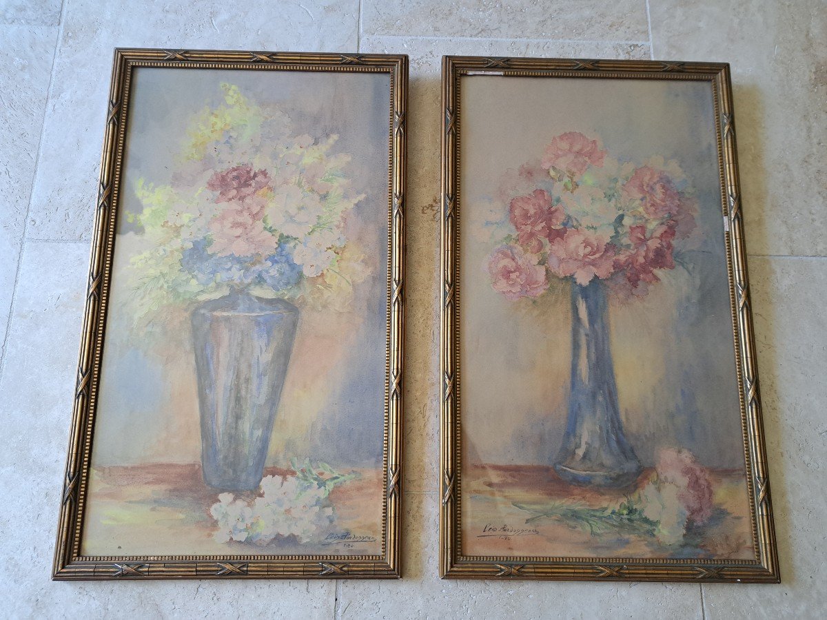 Bouquets Of Flowers, Pair Of Watercolors By Pardonneau, Early 20th Century. -photo-1