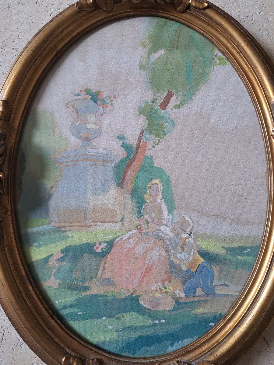 Rendez Vous Galant, Gouache, Early 20th Century. -photo-2