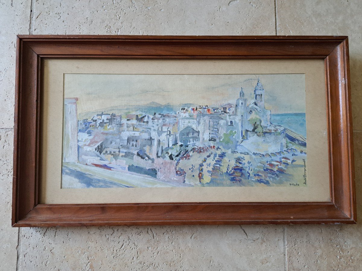 André Bourges, Sitges, Gouache On Paper, 20th Century. -photo-2