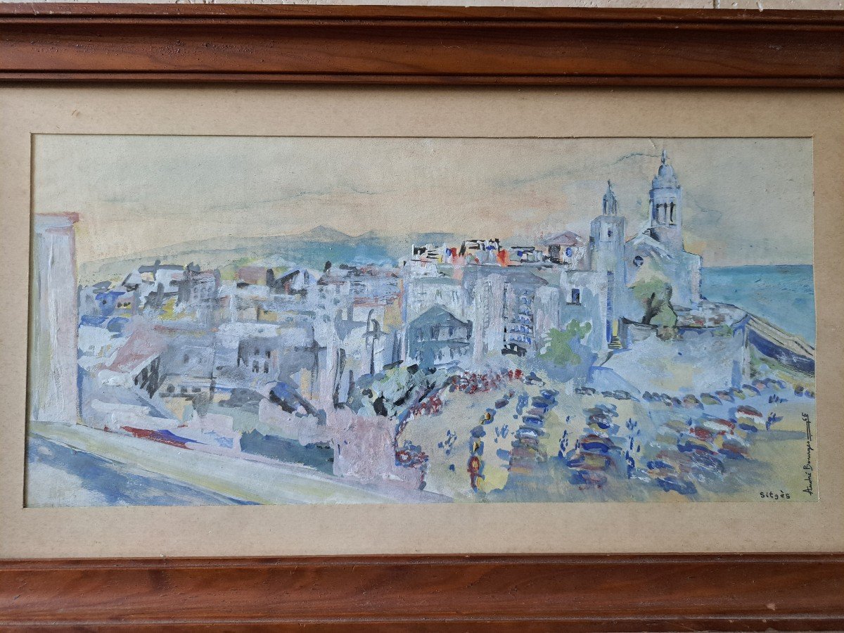 André Bourges, Sitges, Gouache On Paper, 20th Century. -photo-3