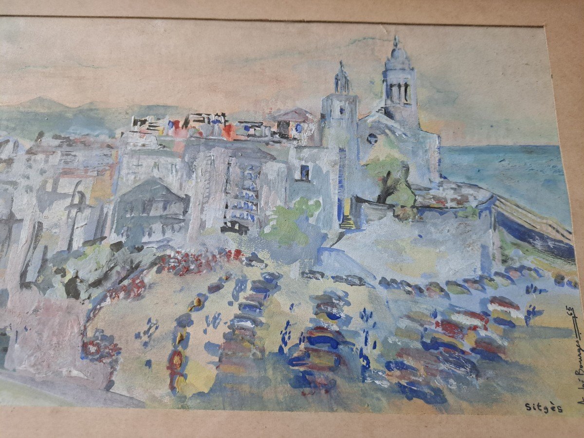 André Bourges, Sitges, Gouache On Paper, 20th Century. -photo-1